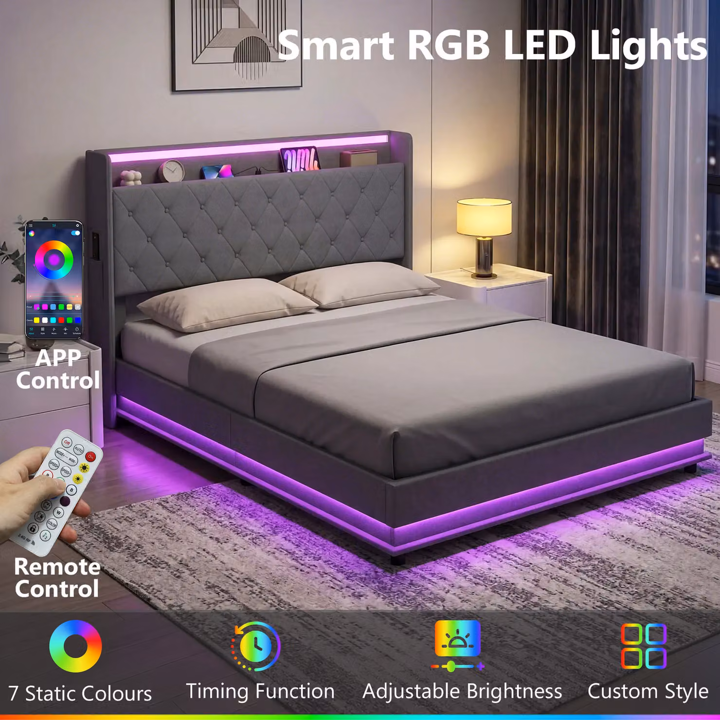 HOMCOM King Size Fabric Bed Frame in Grey with Headboard, Hydraulic Storage, LED Lights and USB Charging Station – 4