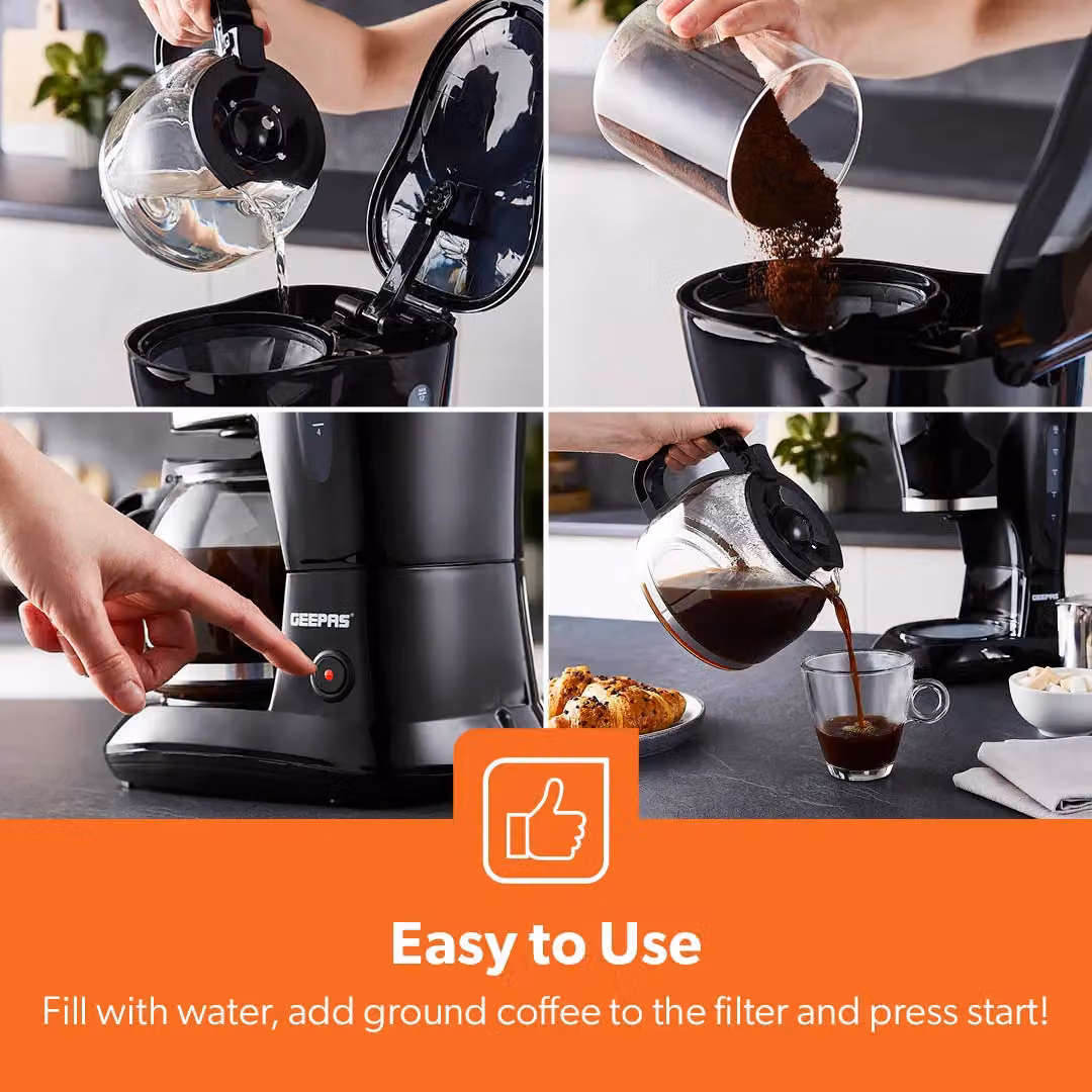 Geepas Filter Coffee Machine with Glass Jug and Auto Shut-Off, Black, 1.5 l – 7
