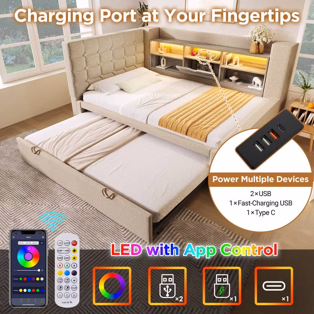 ModernLuxe Upholstered Single Bed in Beige with Pull-out Guest Bed, LED Lighting, USB Charging Port and Storage W/D/H: 90 x 190 x 107 cm – 3