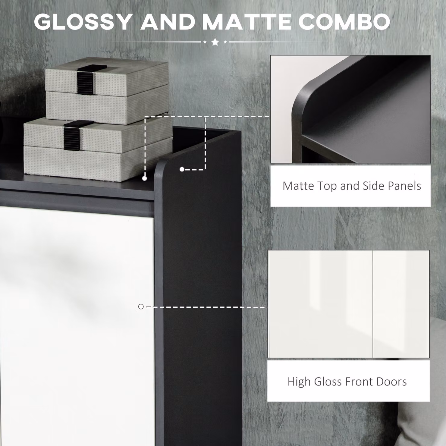 HOMCOM High Gloss Grey and White Shoe Cabinet with Hinged Doors and Open Shelves for 24 Pairs – 5