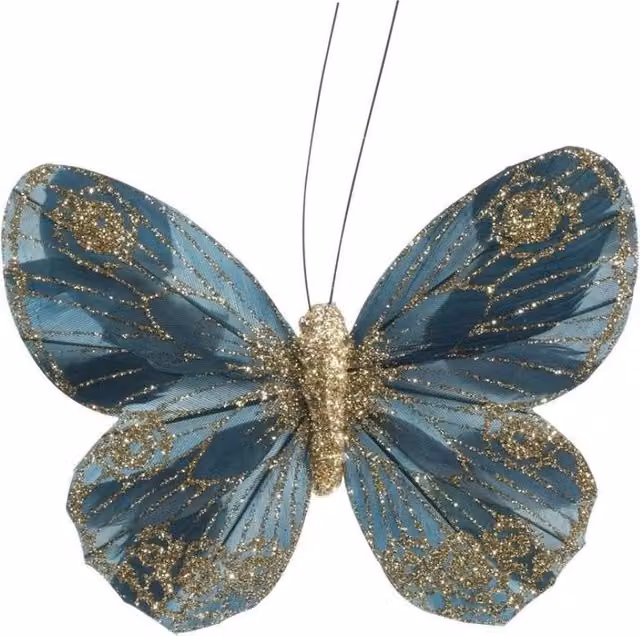 KDMD 12 Pack Petrol Green Feather and Glitter Butterfly Decorations, 12 cm – 1