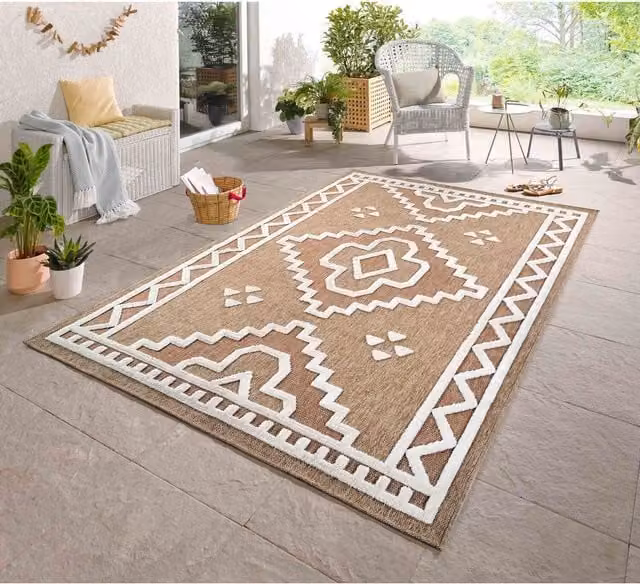 Desire Harper Diamond Pattern Boho Rectangular Indoor Outdoor Area Rug, Beige and White, Width: 170 cm
