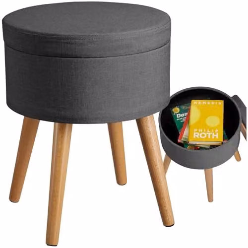 tectake Yara Round Storage Stool in Grey Fabric with Beech Legs, W/D/H: 45.5 x 42.5 x 42.5 cm – 1