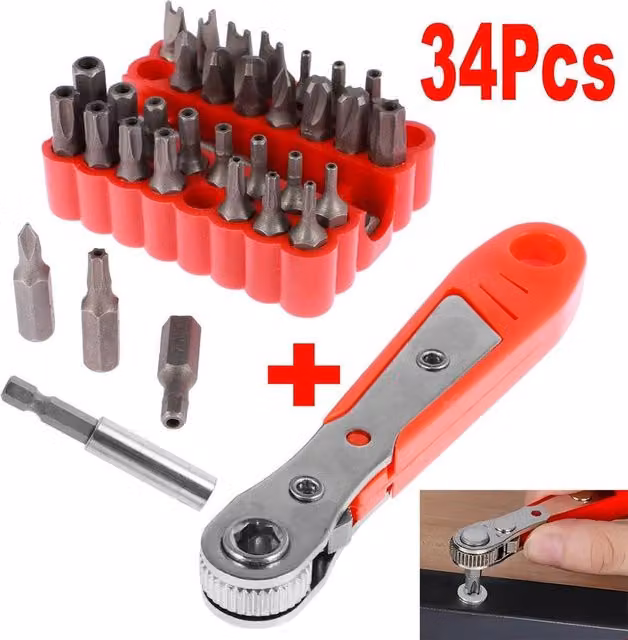 VOGREX 34-Piece Screwdriver Bit Set with Tamperproof Hex Key Spanner and Torx Tri-Wing in Silver – 1