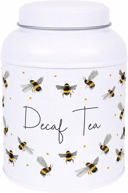 Purely Home Scattered Bees Decaf Tea Storage Tin with Small Dome Lid, White Floral Metal Canister