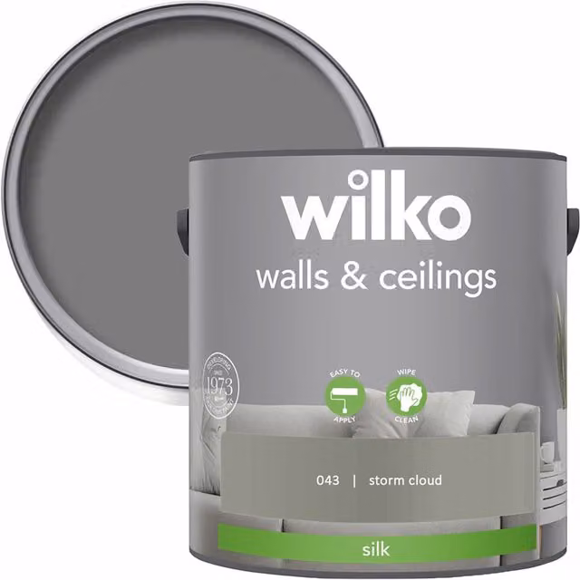 wilko Walls and Ceilings Silk Emulsion Paint, Grey, 2.5 l