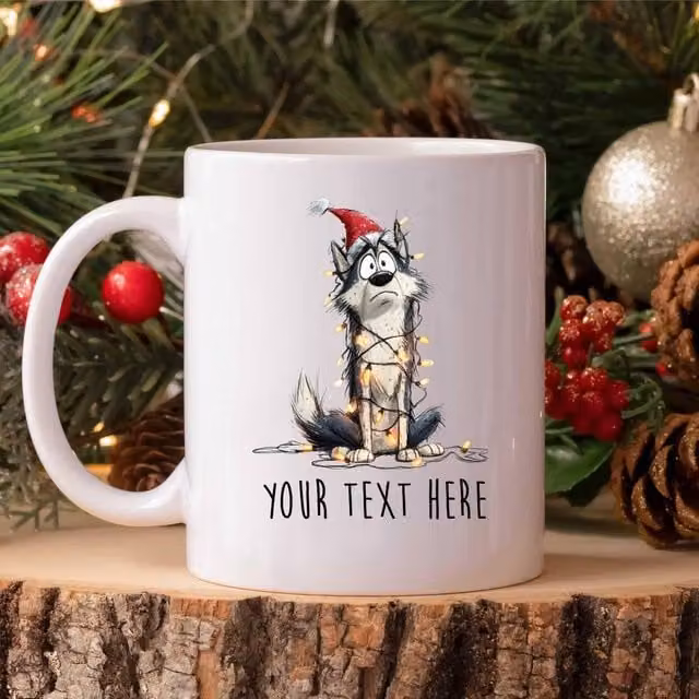 60 SECOND MAKEOVER Personalised Husky Christmas Lights Santa Hat Ceramic Mug, White