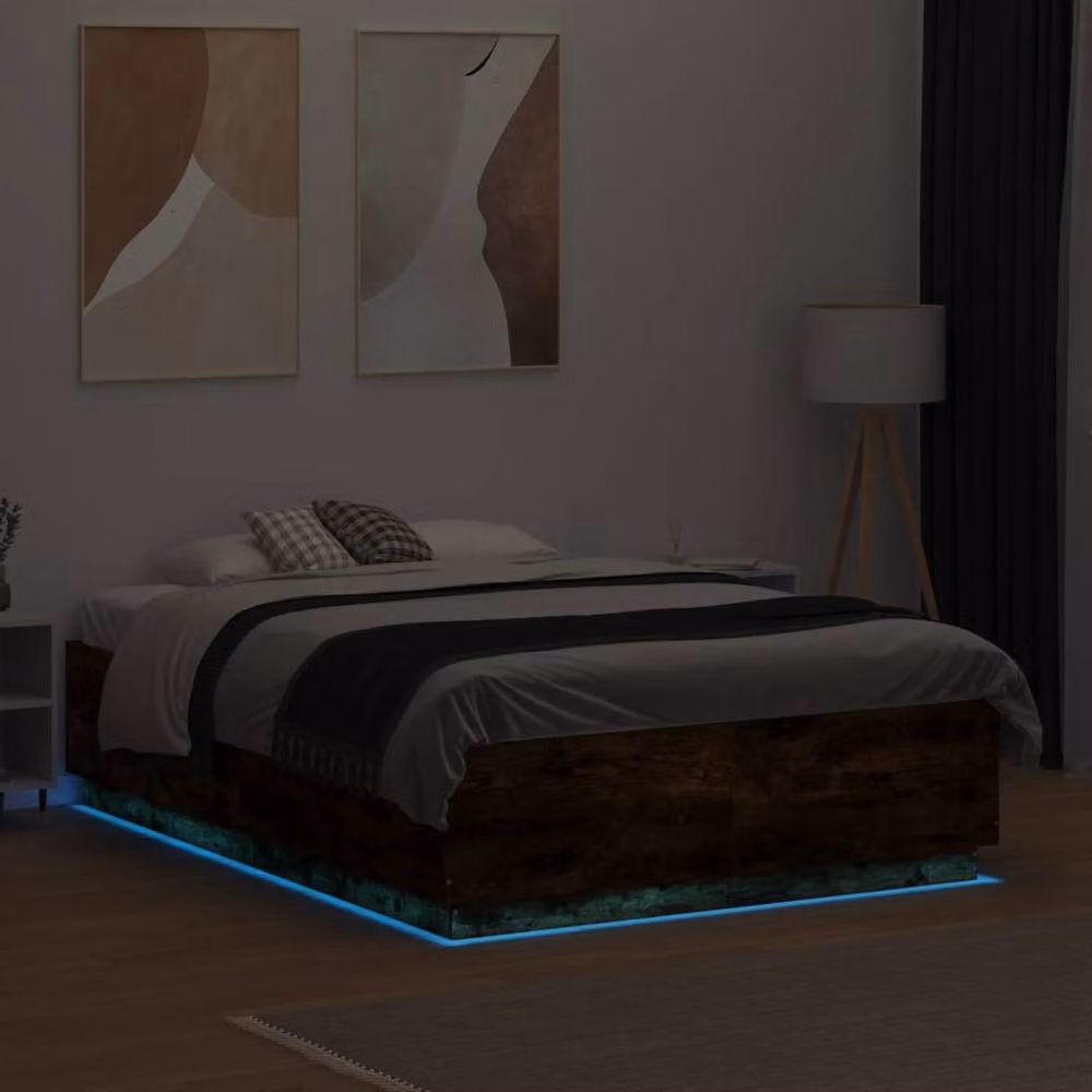 Berkfield Home Durable Bed Frame with LED Under-Bed Lighting and Lift-Up Base, Smoked Oak Brown, W/D/H: 120 x 190 x 40 cm – 4