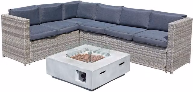 Oseasons Acorn Rattan 6 Seat Corner Sofa Set with GRC Firepit in Grey