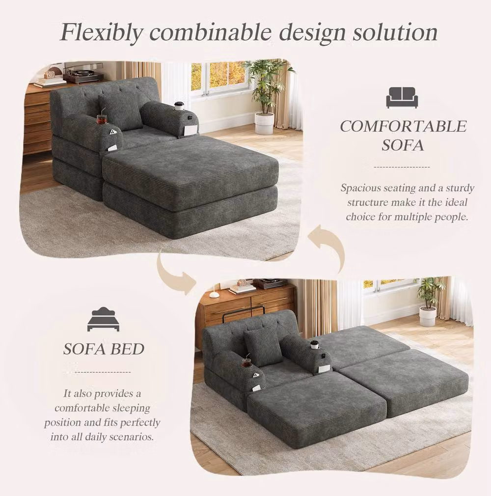 STILVORA Modern Grey Fabric Sofa Bed with Metal Frame and Cup Holders – 5