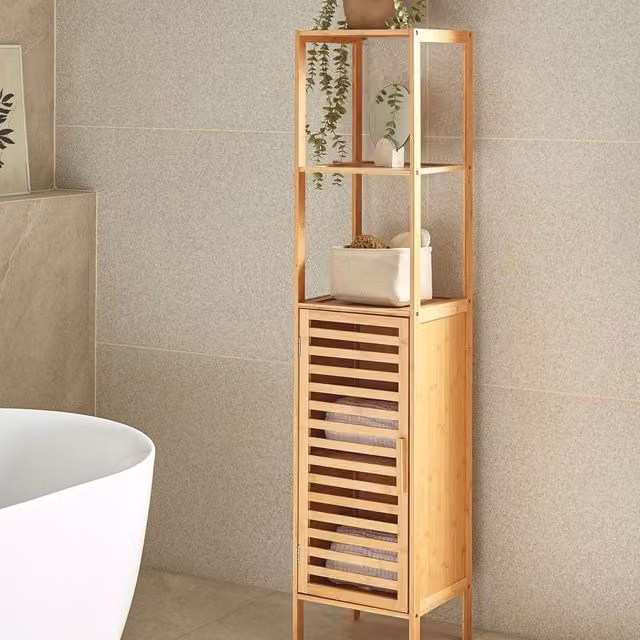 Wyld and Coco Minimalist Bamboo Bathroom Shelving Unit with Door, Light Brown, H 145 x W 32 x D 30 cm – 1