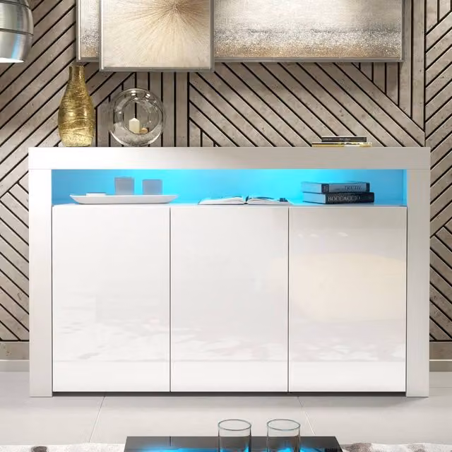 Creative Furniture Aether Sideboard in White with Glossy Doors and Integrated LED Lighting W/D/H: 155 x 40 x 92 cm