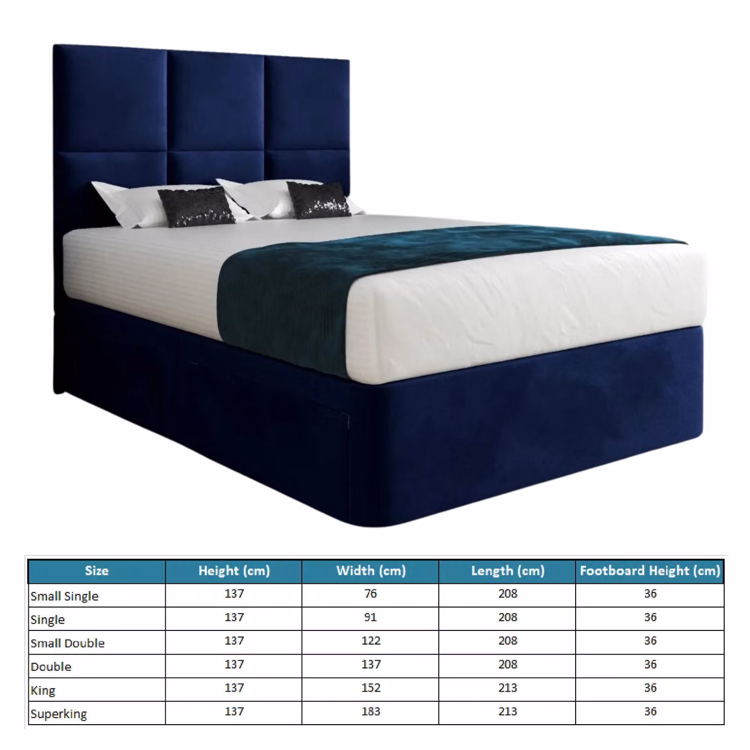 Casani Caprio Blue Velvet Upholstered Double Divan Bed Frame with Floorstanding Headboard and Drawers W/D/H: 140 x 200 cm – 4