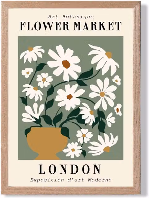 ARTZE London Green and White Flower Market Exhibition Framed Print with Beige Oak Frame, A2