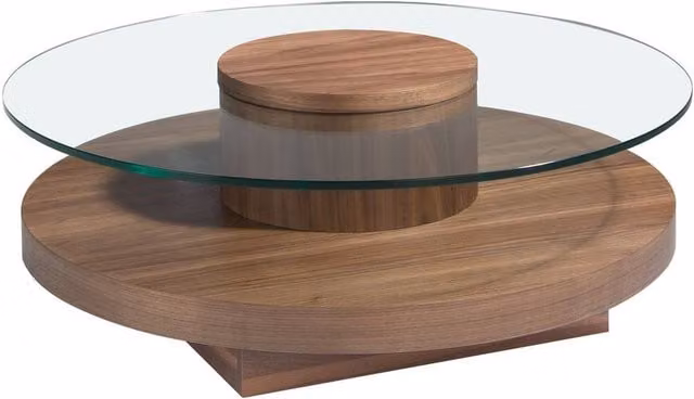 Angel Cerda Round Tempered Glass Coffee Table with Walnut Veneer Legs in Brown, Diameter: 100 cm, Height: 35 cm