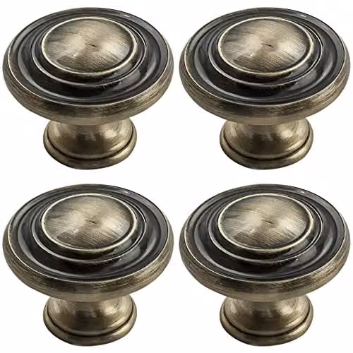 Loops 4 Pack Round Ringed Pattern Door Knobs in Antique Burnished Brass, Diameter: 32 mm – 1