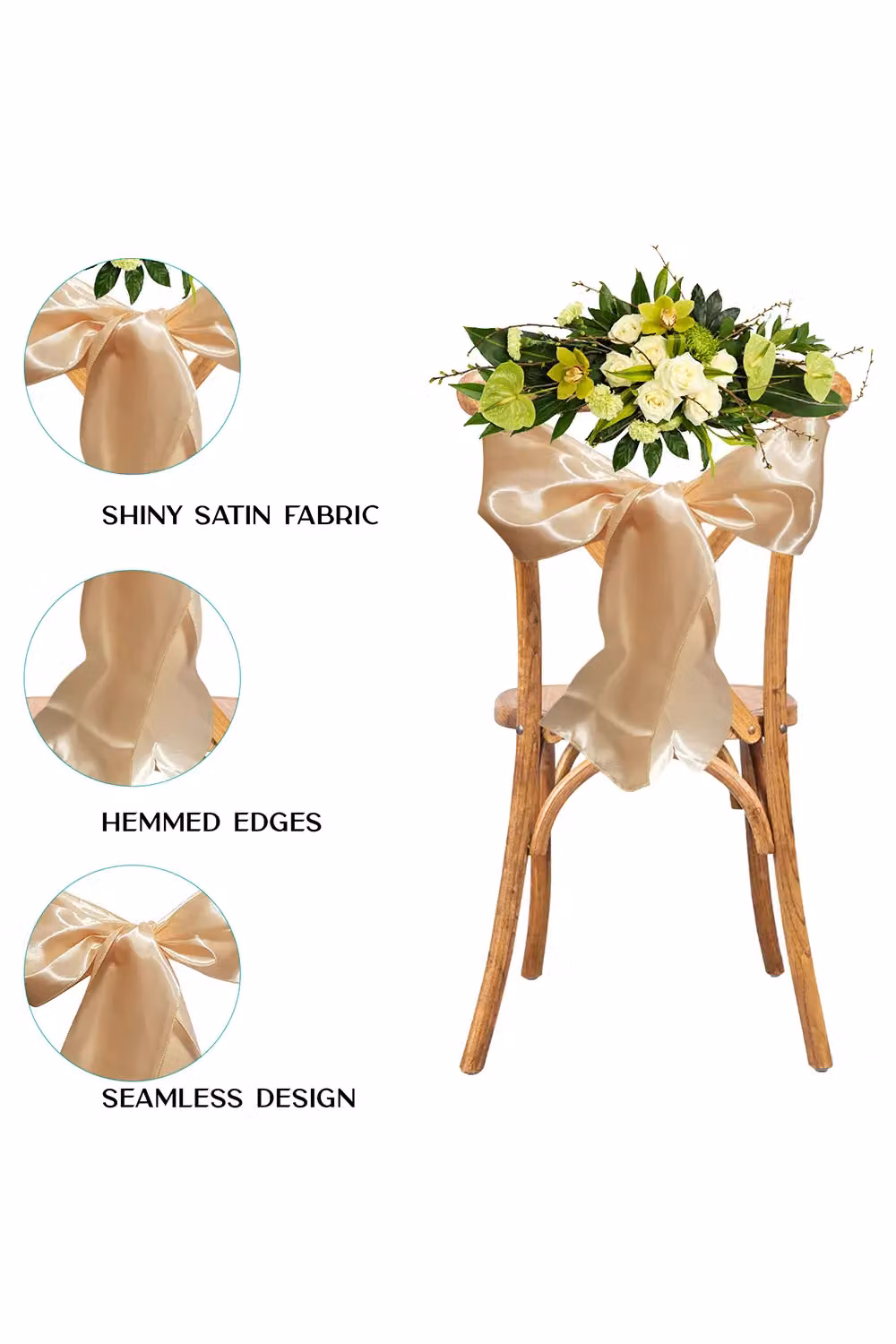 Neel Blue Set of 25 Beige Satin Chair Sashes for Wedding and Party Decoration, W: 17.78 cm, L: 274.32 cm – 2