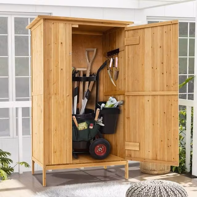 EONLION Brown Wooden Garden Shed Utility Tool Organizer with Shelving, W/D/H: 150 x 100 x 91.44 cm – 1