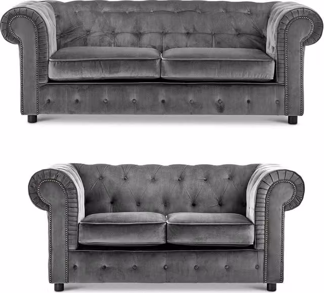 Furnishings For Less UK Ashbourne Chesterfield Velvet Fabric Sofa Suite in Grey, including 3 Seater and 2 Seater Sofas