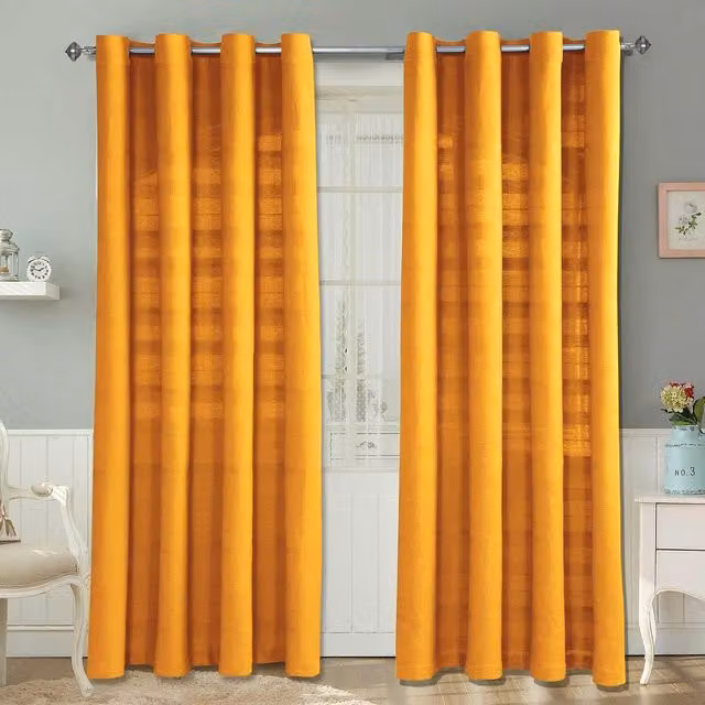 Homescapes Cotton Rajput Ribbed Curtain Pair in Yellow, Width: 137 cm