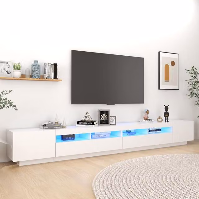 Berkfield Home Modern White Glossy TV Cabinet with LED Lights W: 300 cm, D: 40 cm, H: 40 cm