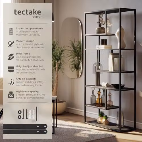 tectake Modern Shelving Unit with 7 Adjustable Shelves in Black, H 188 x W 85 x D 35 cm – 3