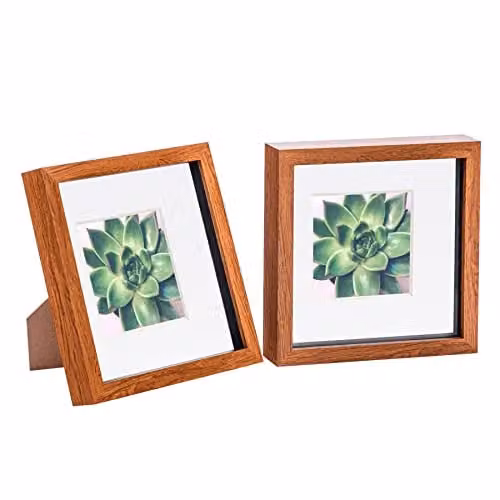 Nicola Spring 2 Piece Brown Wood 3D Shadow Box Photo Frame Set with Glass Aperture and 4 x 4 Mount – 1