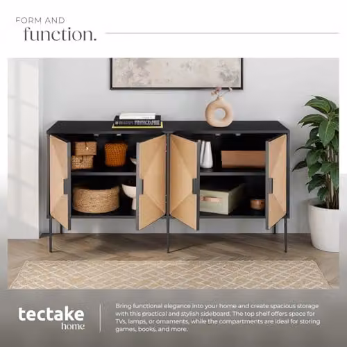 tectake Juna Sideboard with 4 Doors and 2 Media Compartments in Black and Brown Multicolour – 4