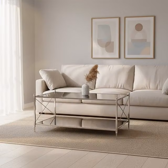 Fifty Five South Orsina Rectangular Coffee Table with Black Glass and Metal Frame, W/D/H: 114 x 65 x 53 cm