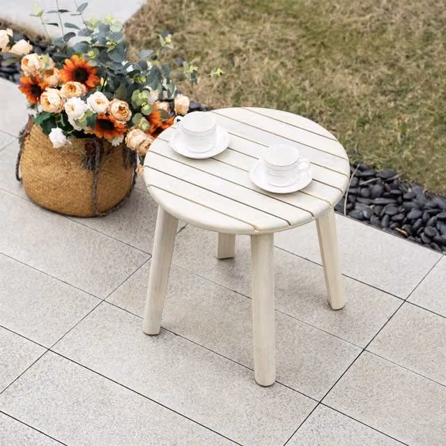 Abrihome PAS-2528 Solid Acacia Wood Outdoor Garden Side Table in Natural Brown and White