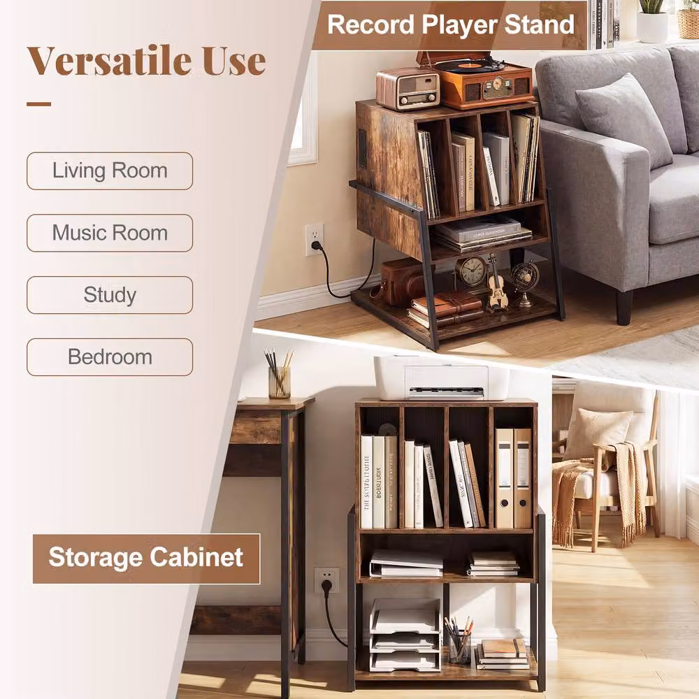 Costway Brown Industrial Record Player Stand with Charging Station and Vinyl Holder – 9