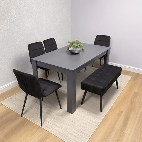 KOSY KOALA Modern Dining Set with Rectangular Table, 4 Grey Velvet Chairs and Black Bench – 1