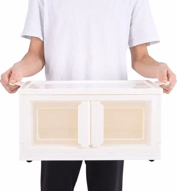Kidkid Double-Door Collapsible Plastic Storage Box with Wheels, White