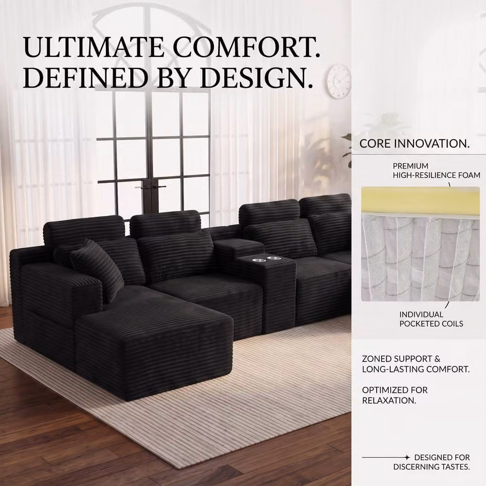 Merax 370cm U-Shape Modular Corner Sofa with Reversible Chaise and Cup Holders in Black Corduroy Velvet – 7