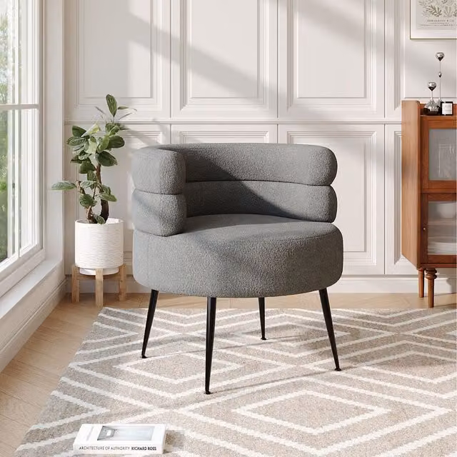 Komore Grey Bouclé Fabric Tub Accent Chair with Armrests and Mixed Wood and Metal Frame