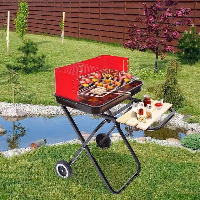 Outsunny Foldable Charcoal Barbecue Trolley Grill with Wheels in Black and Red