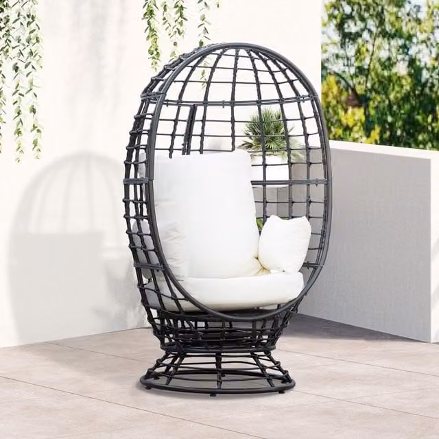 Outsunny Modern Swivel Egg Chair in Black Rattan with Cushion and Pillow