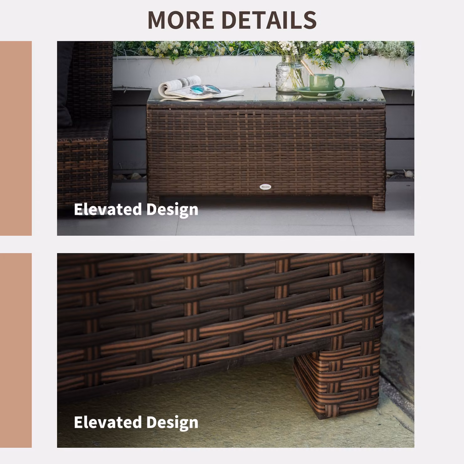 Outsunny Rattan Coffee Table with Tempered Glass Top and Metal Frame, Mix Brown, W/D/H: 85 x 39 x 39 cm – 4