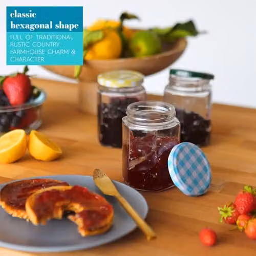 Argon Tableware Set of 6 Hexagonal Glass Jam Jars with Black Metal Screw Top Lids, 250ml – 2