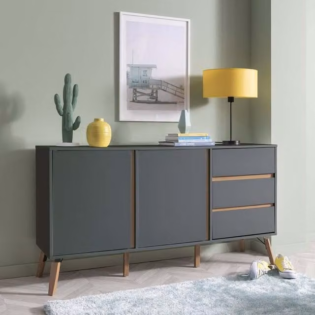 Otto Mid-Century Large Sideboard with 2 Doors and 3 Drawers in Grey Pine Wood
