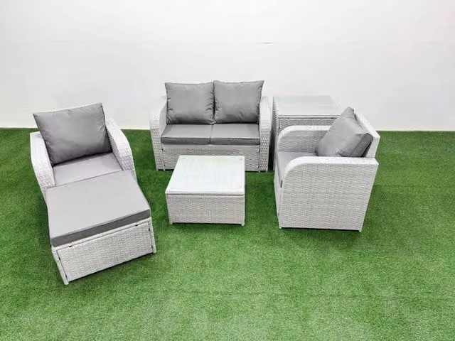 Fimous 5 Seater Light Grey PE Wicker Rattan Garden Furniture Set with Upholstered Cushions, 2 Seater Sofa, Lounge Armchair, Ottoman and Coffee Table