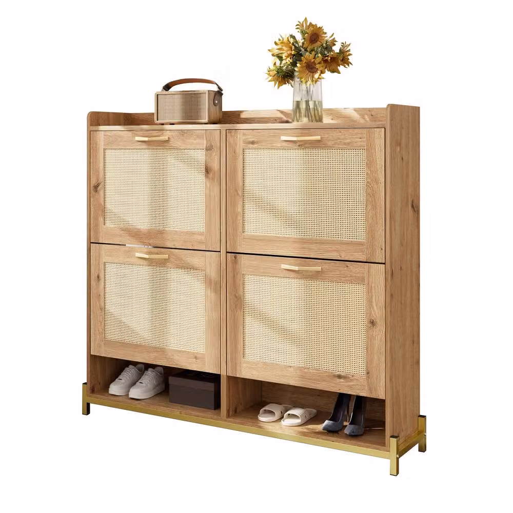 BTM Wooden Shoe Cabinet with Rattan Doors and Metal Frame in Natural Brown and Beige – 3