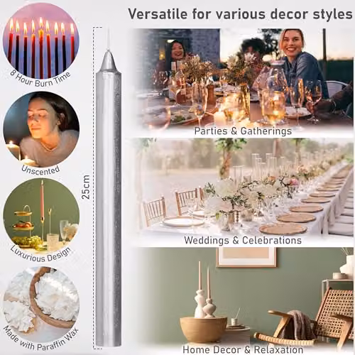 Deco Express Set of 15 Unscented Dripless Tapered Candles in Silver – 2
