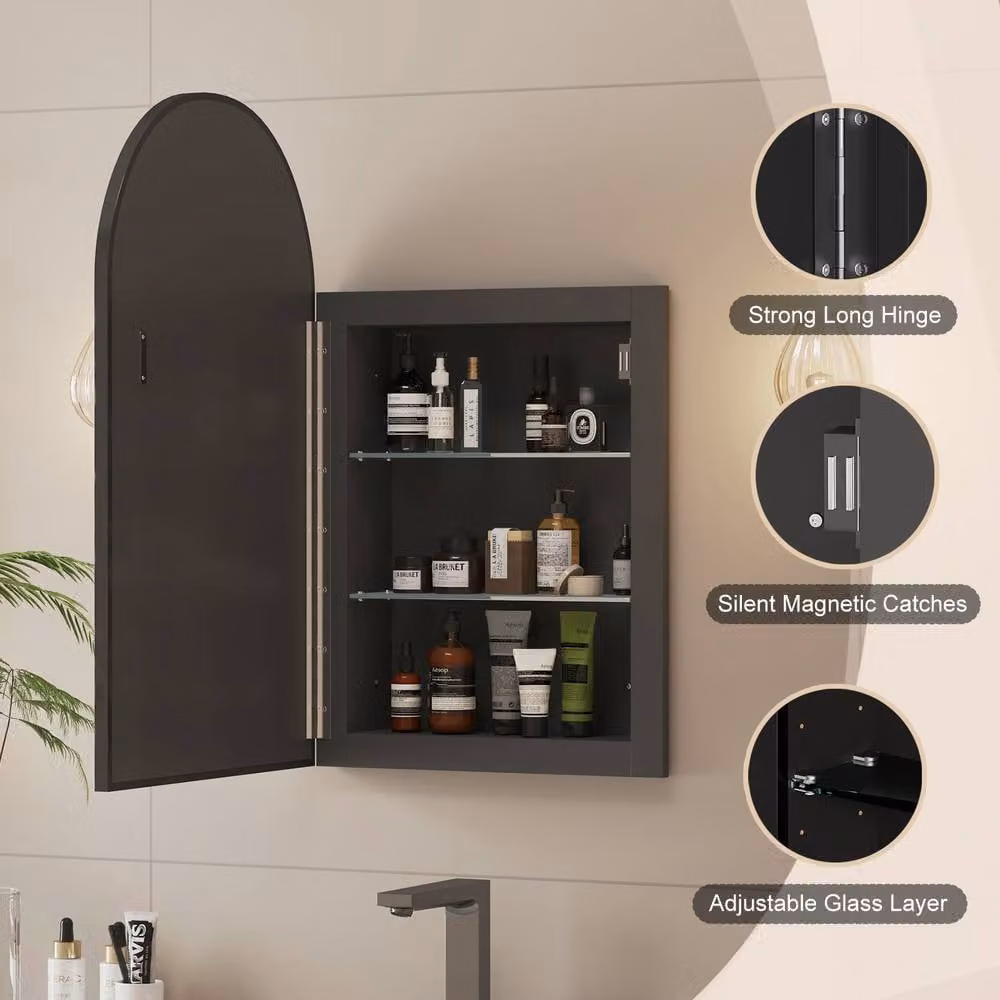 KEEPREAPER Modern Arch Bathroom Mirror Cabinet with Black Metal Frame and Glass Doors, W: 42 cm, H: 68 cm – 2