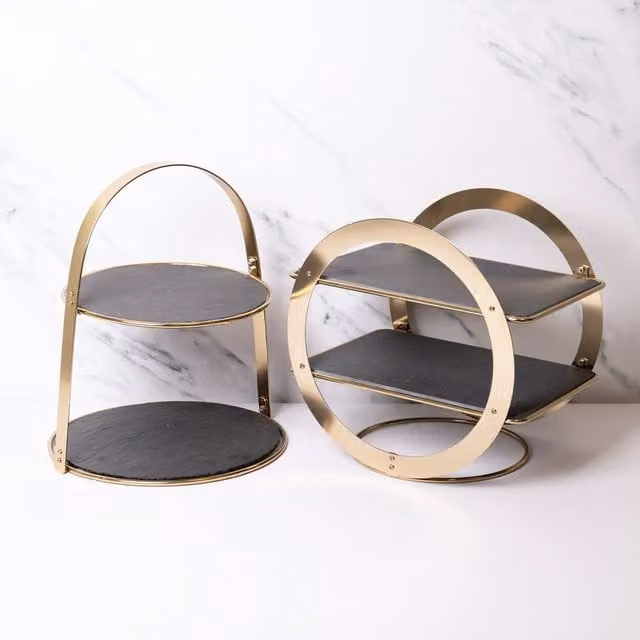 Artesa 2-Tier Round Slate and Wood Serving Stand Set in Anthracite and Gold