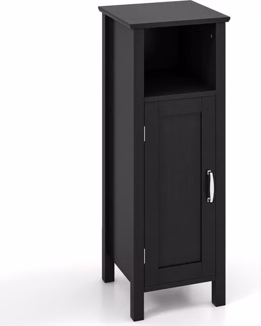 Gymax Freestanding Narrow Bathroom Floor Cabinet in Matt Black with Hinged Doors and Internal Shelves – 1
