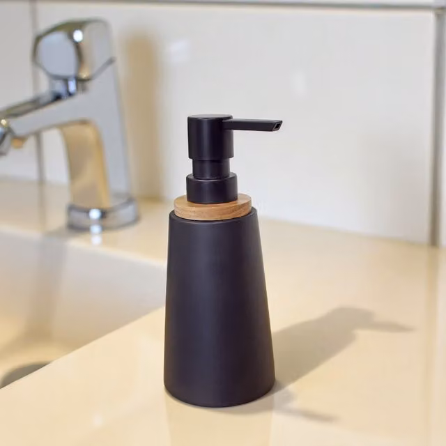Showerdrape Sonata Black and Bamboo 4 Piece Freestanding Bathroom Accessory Set including Soap Dispenser, Soap Dish and Toothbrush Holder – 1