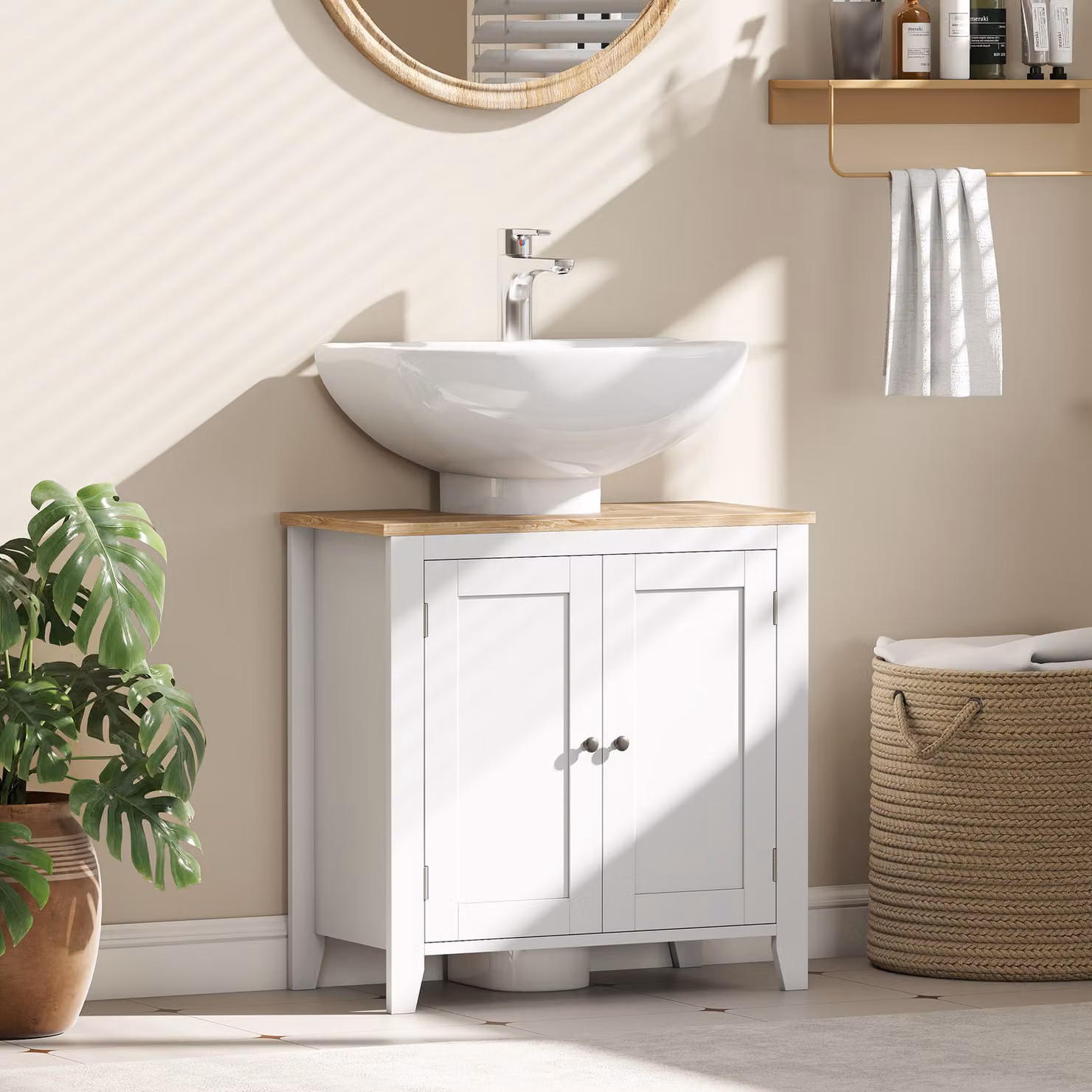 kleankin White Freestanding Under-Sink Bathroom Organiser with Adjustable Internal Shelf and Hinged Doors – 2