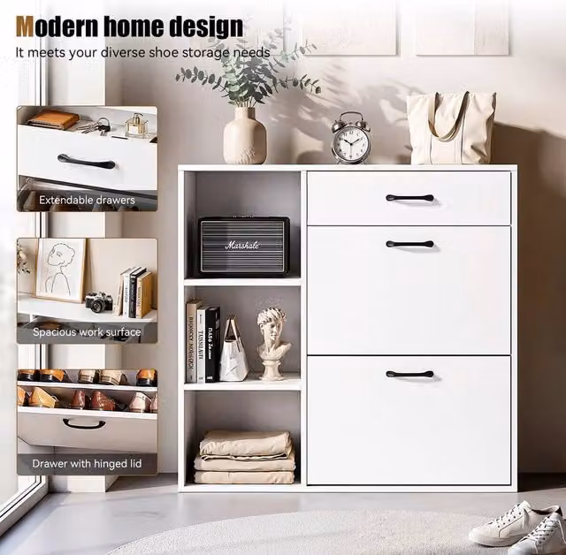 NESTLUNE 4 Tier White Shoe Storage Cabinet with Drawer and Tilting Compartments, W: 100 cm, D: 15 cm