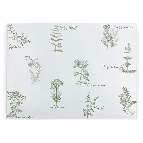 Purely Home Green Herbs Rectangular Glass Worktop Protector with Non-Slip Feet, W: 39 cm x D: 28.5 cm